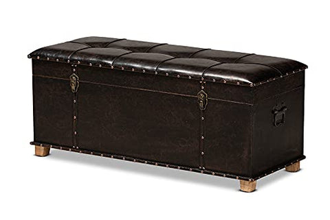 Baxton Studio Janna Rustic Transitional Dark Brown Faux Leather Upholstered and Oak Brown Finished Wood Storage Ottoman