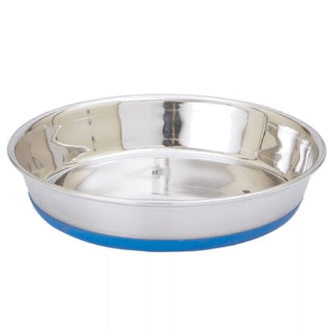 IndiPets Stainless Steel Shallow Heavy Dish with Bonded Rubber Base. Large 16 oz.