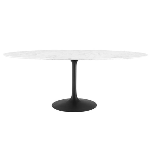 Modway Lippa 78" Oval-Shaped Mid-Century Modern Dining Table with Artificial Marble Top and Black Base