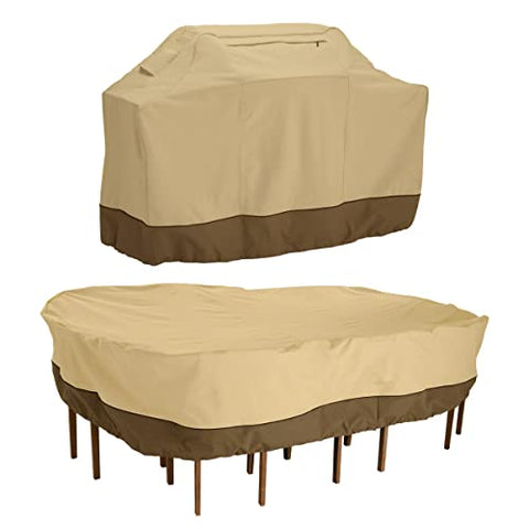 Classic Accessories Veranda Water-Resistant 64 Inch BBQ Grill Cover and 108 Inch Patio Table & Chair Set Cover Bundle
