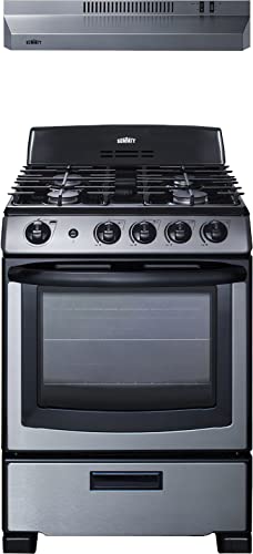 Summit Appliance RGH24RSS 24" Wide Gas Range and Convertible Hood Set, 4 Burners, Slide-out Oven Racks, Burners Indicator Lights, Push-to-turn Controls, Stainless Steel Under Cabinet Range Hood