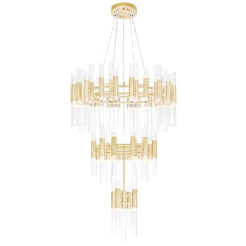 CWI Lighting Orgue 123 Light Chandelier, 32 Inch Wide, 3-Tier Satin Gold Finish with Clear Glass Tubes for Dining Room, Living Room, Entryway