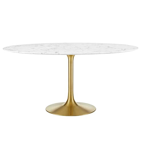 Modway Lippa 60" Mid-Century Dining Table with Round Artificial Marble Top in Gold White