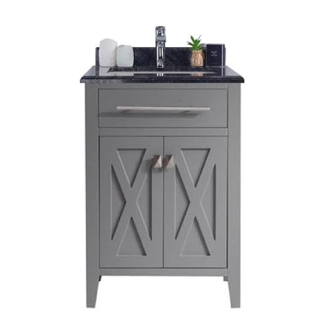 Oakestry Wimbledon Bathroom Vanity with Black Wood Marble Top & Ceramic Sink, Solid Oak Cabinet, Soft Close Doors, Pre-Assembled, Grey Finish