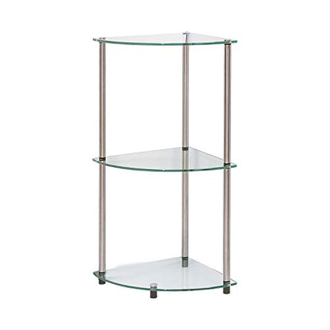 Convenience Concepts Designs2Go Classic Glass 3-Tier Corner Shelf 13.75" - Modern Media Bookshelf with Storage Shelves for Living Room, Display Storage Shelves for Family Room, Bathroom, Office, Glass/Chrome