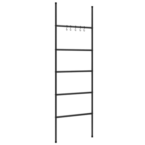 vidaXL Freestanding Towel Rack Ladder in Black, Iron Made, Organizing Master with 5 Tiers and Hooks, Space-Saving Design for Bathroom or Bedroom