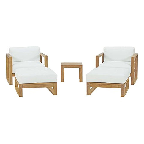 Modway Upland Teak Wood Outdoor Patio 5-Piece Sectional Sofa Set with Cushions in Natural White