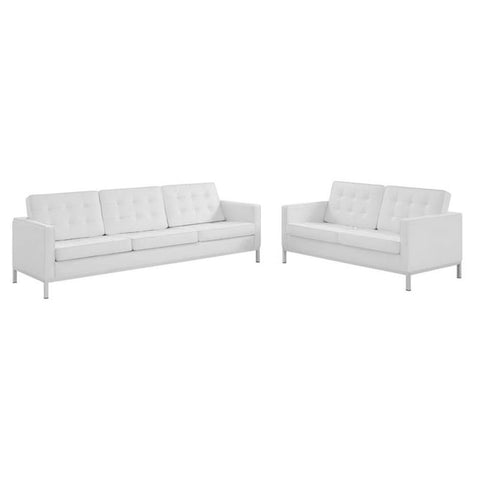Modway Loft 2-Piece Modern Tufted Faux Leather Sofa and Loveseat Set in White