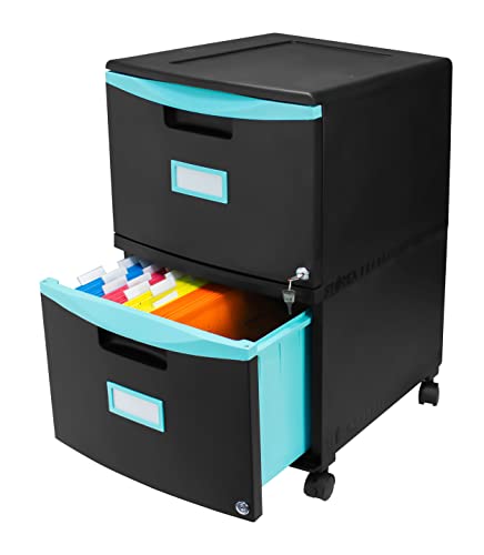 Storex Two-Drawer Mobile Filing Cabinet, 2 Legal/letter-Size File Drawers, Black/teal, 14.75" X 18.25" X 26"