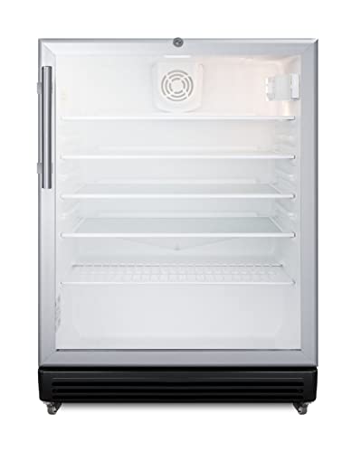 Summit Appliance SCR600BGLMBL Commercial 5.5 Cu.Ft. Glass Door 24" Wide Beverage Center with Stainless Steel Work Surface, Front Lock, Automatic Defrost and Pre-Installed 1" High Casters