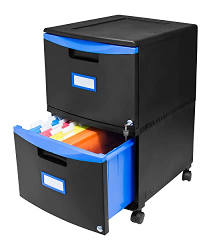 Storex Two-Drawer Mobile Filing Cabinet, 2 Legal/letter-Size File Drawers, Black/blue, 14.75" X 18.25" X 26"