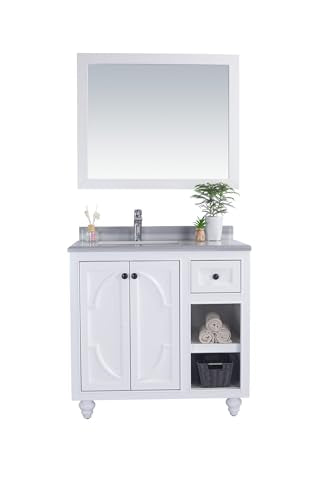 Oakestry Odyssey 36 Inch White Bathroom Vanity Single Sink White Stripes Marble Countertop Freestanding Modern Storage Cabinet Soft Close Doors Premium Washroom Furniture
