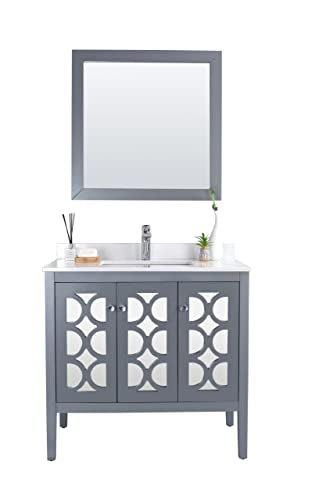 Oakestry Mediterraneo 36 Inch Grey Bathroom Vanity White Quartz Countertop Modern Single Sink Freestanding Storage Soft Close Doors Luxury Washroom Cabinet