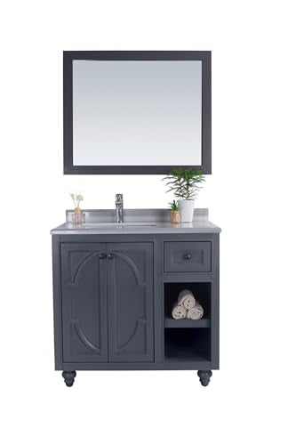 Oakestry Odyssey 36 Inch Maple Grey Bathroom Vanity Single Sink White Stripes Marble Countertop Freestanding Modern Storage Cabinet Soft Close Doors Premium Washroom Furniture