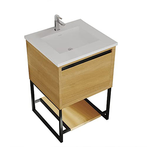 Oakestry Alto 24 Inch Bathroom Vanity California White Oak Cabinet Matte White Viva Stone Solid Surface Countertop Modern Single Sink Freestanding Storage Soft Close Doors Compact Washroom