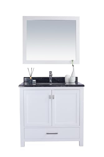Oakestry Wilson Bathroom Vanity with Black Wood Marble Top, Solid Oak Wood Cabinet, Soft Close Doors & Drawers, Undermount Ceramic Sink, White