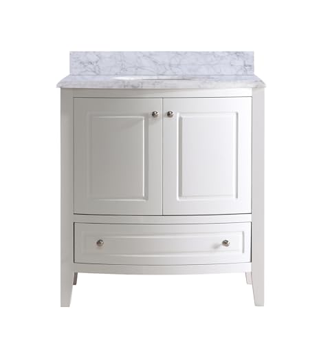 Oakestry Estella 32 Inch White Bathroom Vanity White Carrara Marble Countertop Modern Single Sink Freestanding Storage Soft Close Doors Washroom Cabinet