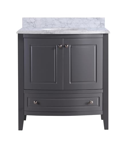 Oakestry Estella 32 Inch Grey Bathroom Vanity White Carrara Marble Countertop Modern Single Sink Freestanding Storage Soft Close Doors Washroom Cabinet