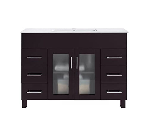 Oakestry Nova 48 Inch Brown Bathroom Vanity Single Sink White Ceramic Basin Countertop Freestanding Modern Storage Cabinet Soft Close Doors Luxury Washroom Furniture