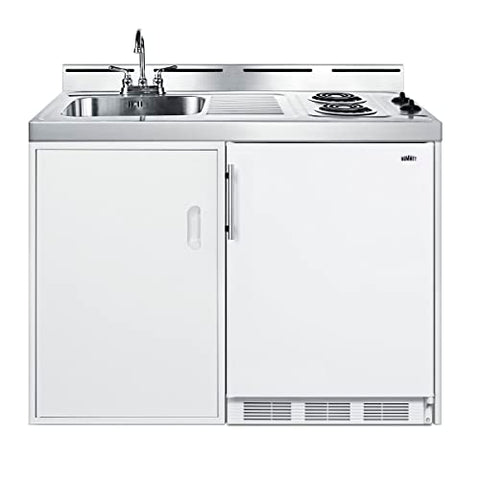 Summit 48" All-In-One Kitchenette, Refrigerator-Freezer, 2-Burner Coil Cooktop, Water Jug Sink, and Storage, White - C48ELPUMP