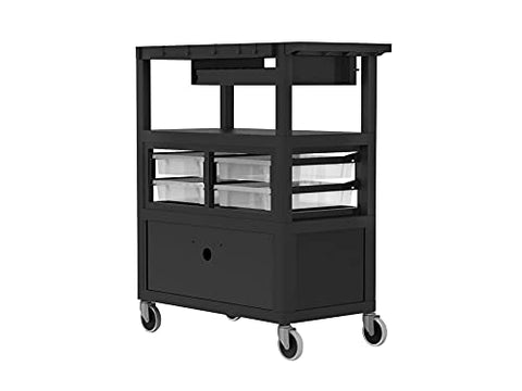 LUXOR ECMBSKBC-B 32" x 18" Deluxe Teacher Cart with Locking Cabinet Storage Bins Keyboard Tray Pocket Chart Hooks and Cup Holder, 100 lbs. Per helf