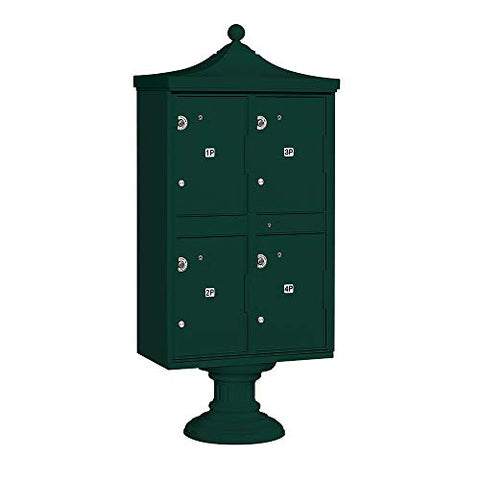 Salsbury Industries Regency Outdoor Parcel Locker (includes Pedestal, CBU Top and Pedestal Cover - Short) - 4 Compartments - Green - for Use with USPS Access Lock