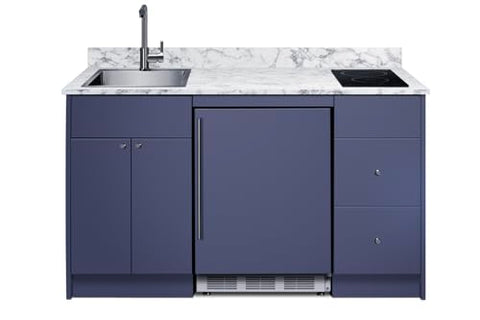 Summit All in One Kitchenette, with Induction Cooktop, Refrigerator Freezer, Sink, and Storage, Energy Star, Standalone Kitchen, Navy Blue- CALDERAMN35ISINKL