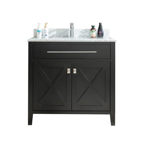 Oakestry Wimbledon 36" Espresso Bathroom Vanity with Matte White Viva Stone Solid Surface Countertop – Single Sink, Solid Oak, Soft-Close Doors, Pre-Assembled