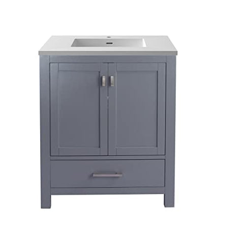 Oakestry Wilson Bathroom Vanity with White Quartz Countertop, Solid Oak Wood Cabinet, Undermount Ceramic Sink, Soft-Close Doors, 4 Built-in Outlets, Grey, Pre-Assembled