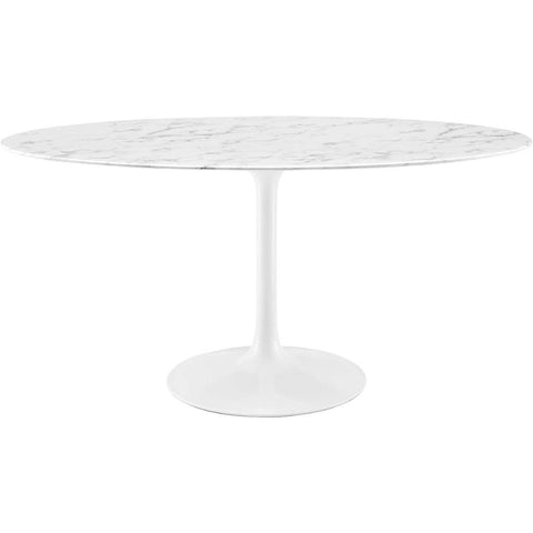 Oakestry 60-Inch Oval Mid-Century Modern Dining Table with Faux Marble Top White Pedestal Base Stylish Kitchen & Dining Room Furniture Elegant Minimalist Design for Home Office and Café