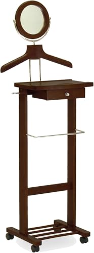 Winsome Wood Valet Stand With Mirror, Drawer, Tie Hook, Casters, Antique Walnut (94155)