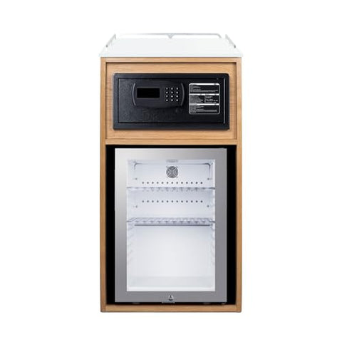 Summit 21" Coffee Station with Minibar & Hotel Room Safe, 1.2 cu.ft. Refrigeration Capacity, Hospitality Cabinet, Light Oak, Black, Stainless Steel - QCSSF2OAK