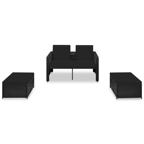 vidaXL 3 Piece Ergonomic Patio Lounge Set with Cushions, Poly Rattan Material, Black Color, Strong Powder-Coated Steel Frame, Flexible Usage, Easy to Clean