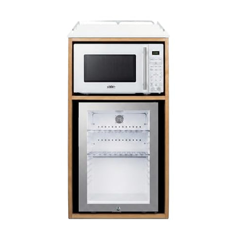 Summit 21” Coffee Station with Minibar & Microwave, 1.2 cu.ft. Refrigeration Capacity, Hospitality Cabinet, Light Oak, Black Stainless Steel - QCSMW1OAK (White Microwave)