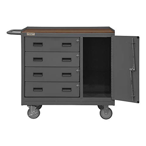 Mobile Bench Cabinet With 5 Inch X 1-1/4 Inch Polyurethane Casters (2) Rigid And (2) Swivel 1 Storage Area With 1 Door 4 Drawers Tempered Hard Board Top Work Surface With Tubular Push Handle Gray