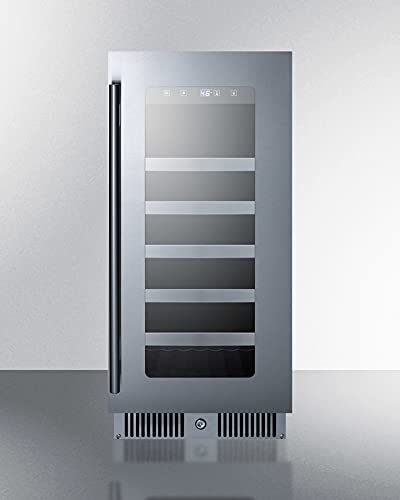 Summit 15” Wine Cellar, Built In, Refrigerator, 29 Bottle Capacity, Single Zone, Stainless Steel & Glass- CL155WC