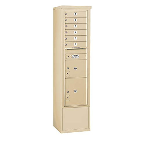 Free-Standing 4C Horizontal Mailbox Unit (includes 3716S-06SFU Mailbox and 3916S-SAN Enclosure) - Maximum Height Unit (72 Inches) - Single Column - 6 MB1 Doors / 1 PL3 and 1 PL4.5 - Sandstone - Front Loading - USPS Access