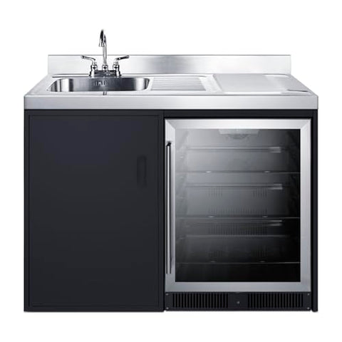 Summit 48" Bar with Sink, Beverage Center, Capacity 5.0 cu.ft., Kitchenette with Sink, Stainless Steel and Black- CK48NCSINKL