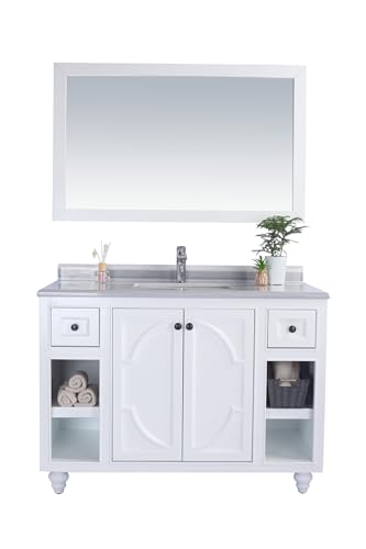 Oakestry Odyssey 48 Inch White Bathroom Vanity Single Sink White Stripes Marble Countertop Freestanding Modern Storage Cabinet Soft Close Doors Luxury Washroom Furniture