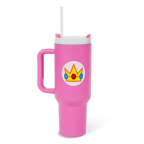 Pyramid America Super Mario Bros. Princess Peach Icon Metal Travel Tumbler With Leak-Resistant Lid and Reusable Straw | Holds 40 Ounces