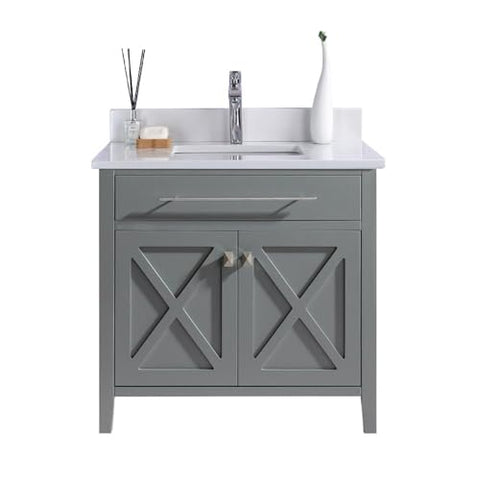 Oakestry Wimbledon 36" Grey Bathroom Vanity with White Quartz Countertop – Single Sink, Solid Oak, Soft-Close Doors, Pre-Assembled