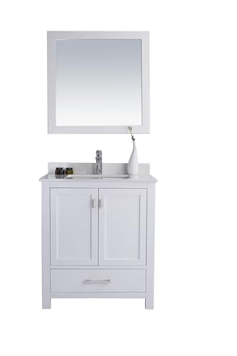 Oakestry Wilson Bathroom Vanity with White Stripes Marble Countertop, Undermount Ceramic Sink, Solid Oak Wood Cabinet, Soft-Close Doors, 4 Outlets, White
