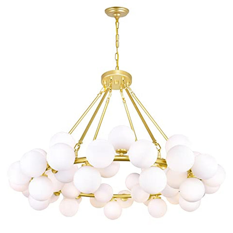 CWI Lighting 39" Satin Gold Chandelier for Living Room, Dining Room – 45-Light Globe Design with G9 Bulb Base – LED Compatible, Frosted Glass Spheres – BACL Certified