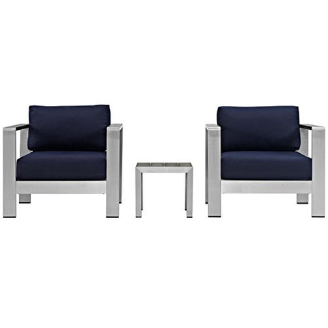 Modway Shore 3-Piece Aluminum Outdoor Patio Furniture Set in Silver Navy