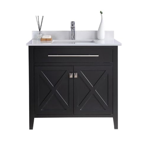 Oakestry Wimbledon 36" Espresso Bathroom Vanity with White Quartz Countertop – Single Sink, Solid Oak, Soft-Close Doors, Pre-Assembled