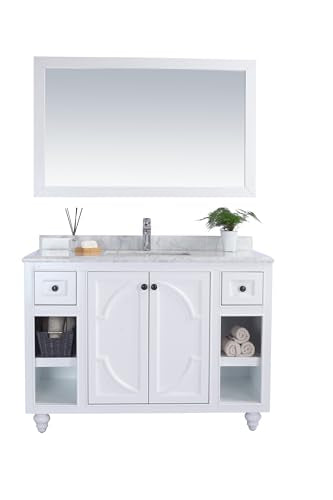 Oakestry Odyssey 48 Inch White Bathroom Vanity Single Sink White Carrara Marble Countertop Freestanding Modern Storage Cabinet Soft Close Doors Luxury Washroom Furniture