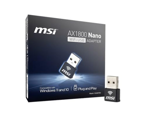 MSI AX1800 Nano WiFi USB Adapter - WiFi 6, up to 1800 Mbps, 2.4G/5G Dual-Band Wireless Network, WPA3 encryption, MU-MIMO, OFDMA, 2X Dual Antennas, Windows 11/10