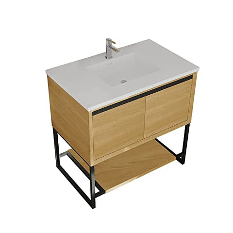 Oakestry Alto 36 Inch Bathroom Vanity California White Oak Cabinet Matte White Viva Stone Solid Surface Countertop Modern Single Sink Freestanding Storage Soft Close Doors Washroom