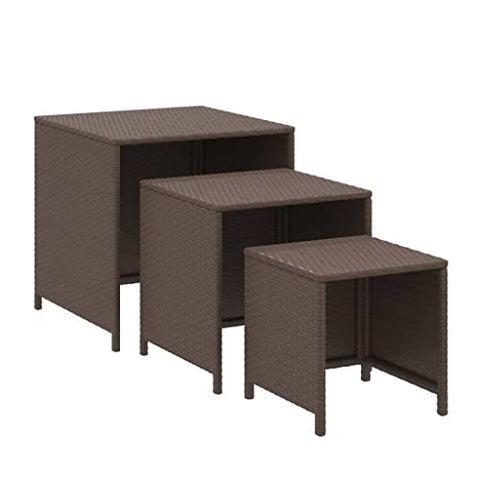 vidaXL Set of 3 Brown Poly Rattan Nesting Tables - Space-Saving, Sturdy, Easy-to-Clean, Indoor and Outdoor Use, with Powder-Coated Steel Frames, 319413