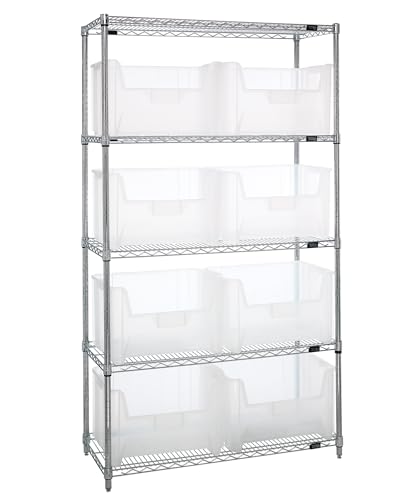 Quantum Storage Systems WR5-700CL 5-Tier Complete Wire Shelving System with 8 QGH700CL Clear-View Giant Stack Bins, Chrome Finish, 18" Width x 42" Length x 74" Height